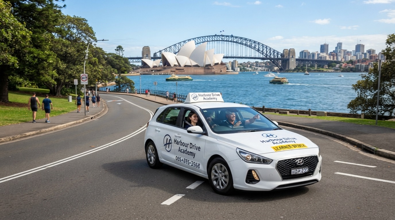 Harbour Drive Academy banner: Sydney Harbour, road, car, people